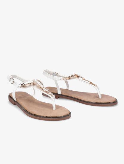 Nu-pieds en simili et feuilles dorées - Blanc - 4