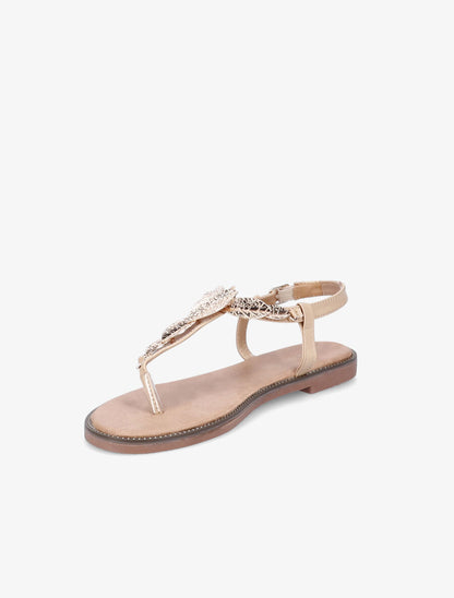 Nu-pieds en simili et feuilles dorées - Beige - 3