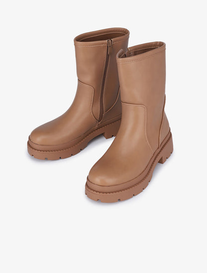 Boots montantes unies à semelles épaisses - Camel - 1