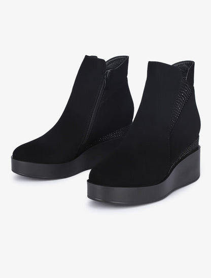 Bottines compensées en suédine ornées de strass - Noir - 1