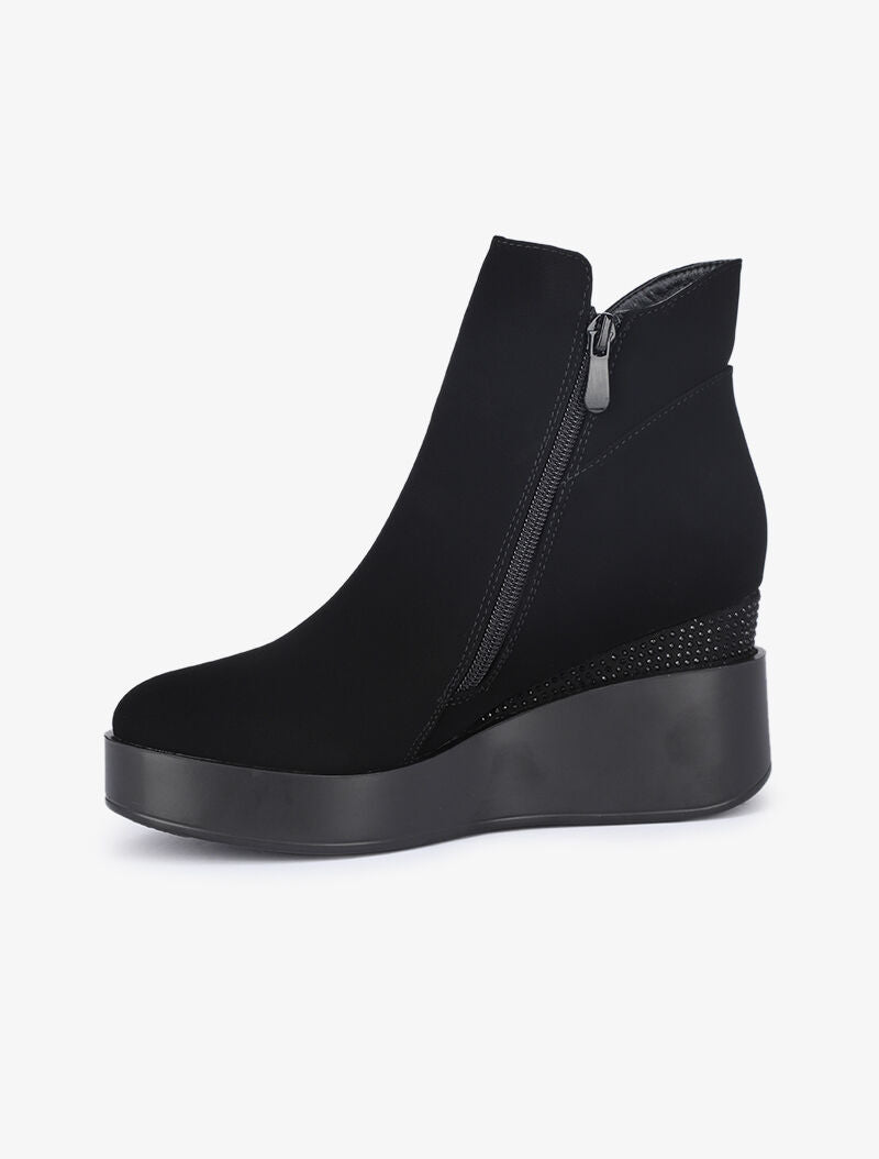 Bottines compensées en suédine ornées de strass - Noir - 4