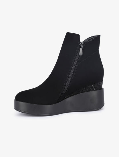 Bottines compensées en suédine ornées de strass - Noir - 4