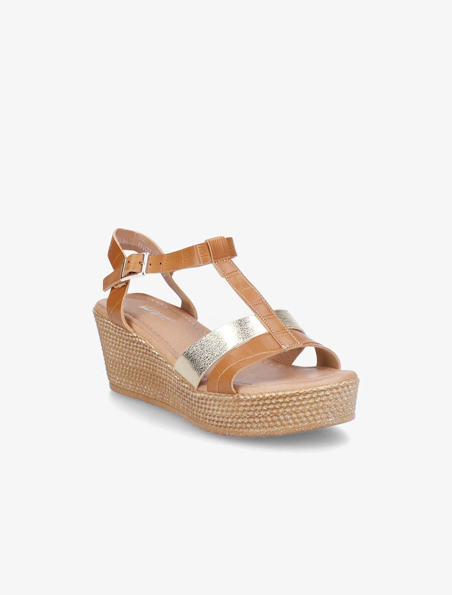Sandales compensées à bride croco et irisé - Beige foncé/or - 2