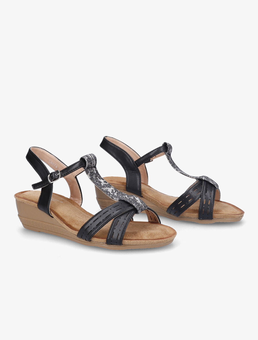 Sandales compensées et bride en T irisée - Noir - 4