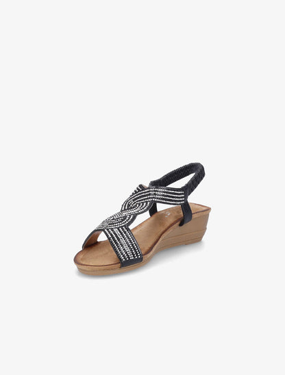 Sandales compensées à bride en T stylisée à strass - Noir - 3