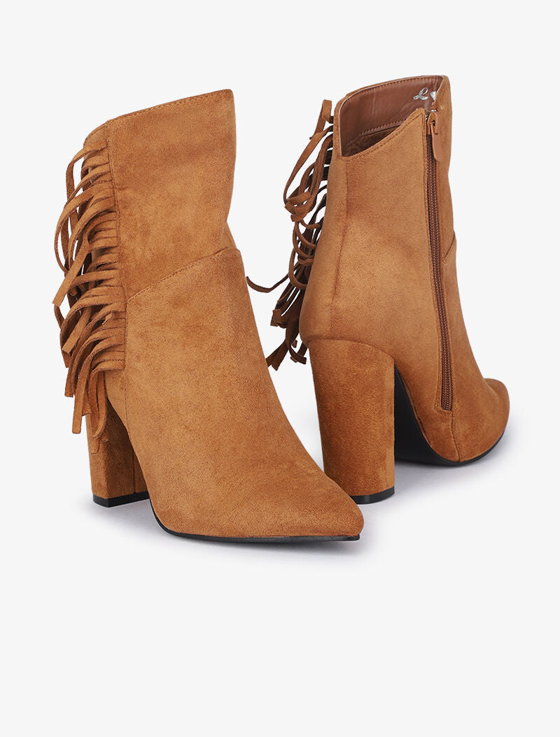 Bottines hautes à talons et franges - Camel - 4
