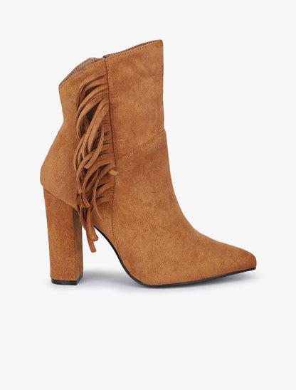 Bottines hautes à talons et franges - Camel - 1