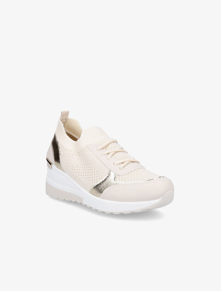 Baskets compensées en simili et mesh - Beige - 2
