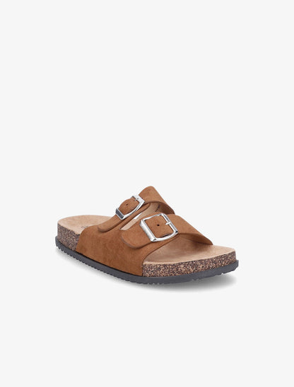 Claquettes en suédine à double brides à boucle - Camel - 2