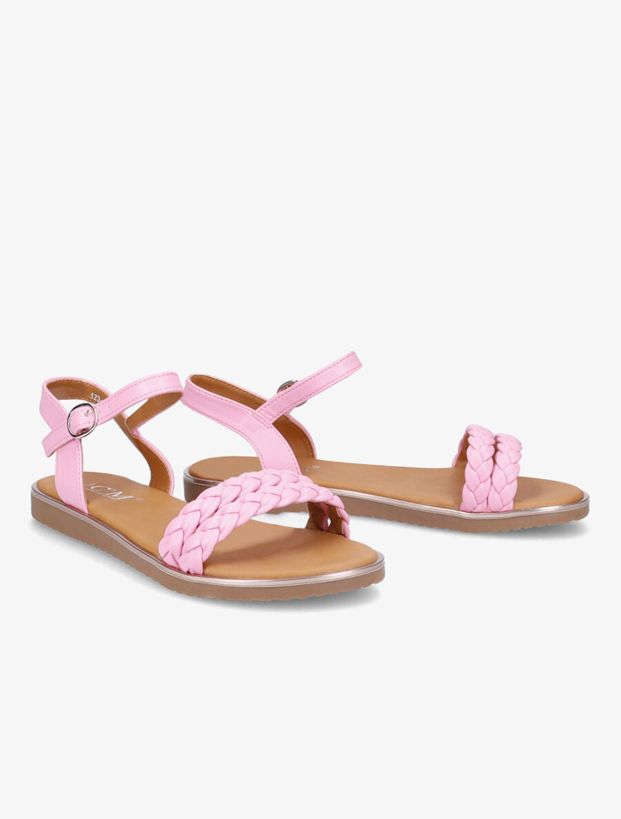 Nu-pieds à double ganses tressées en simili - Rose - 4