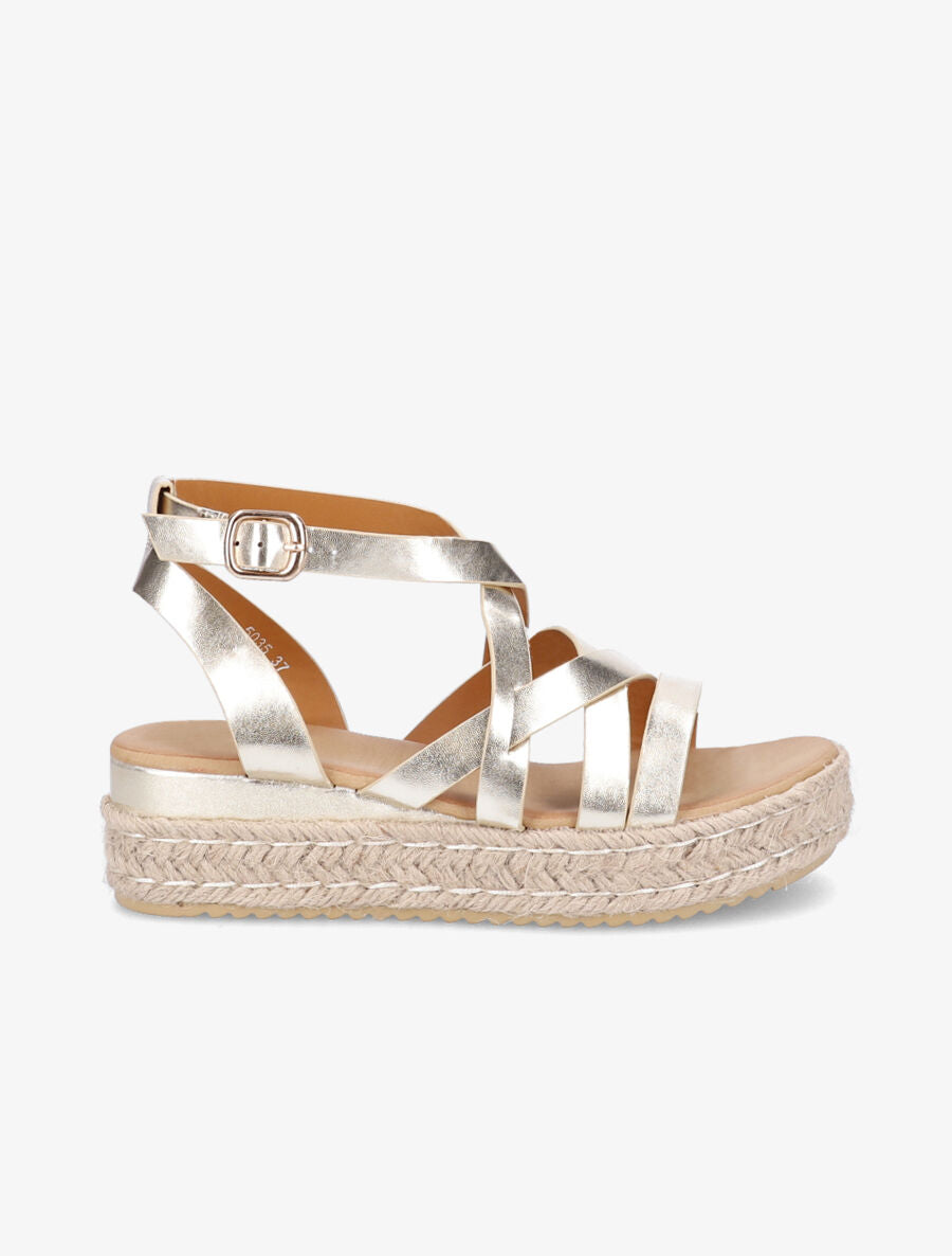 Sandales à semelles compensées en raphia - Or - 5