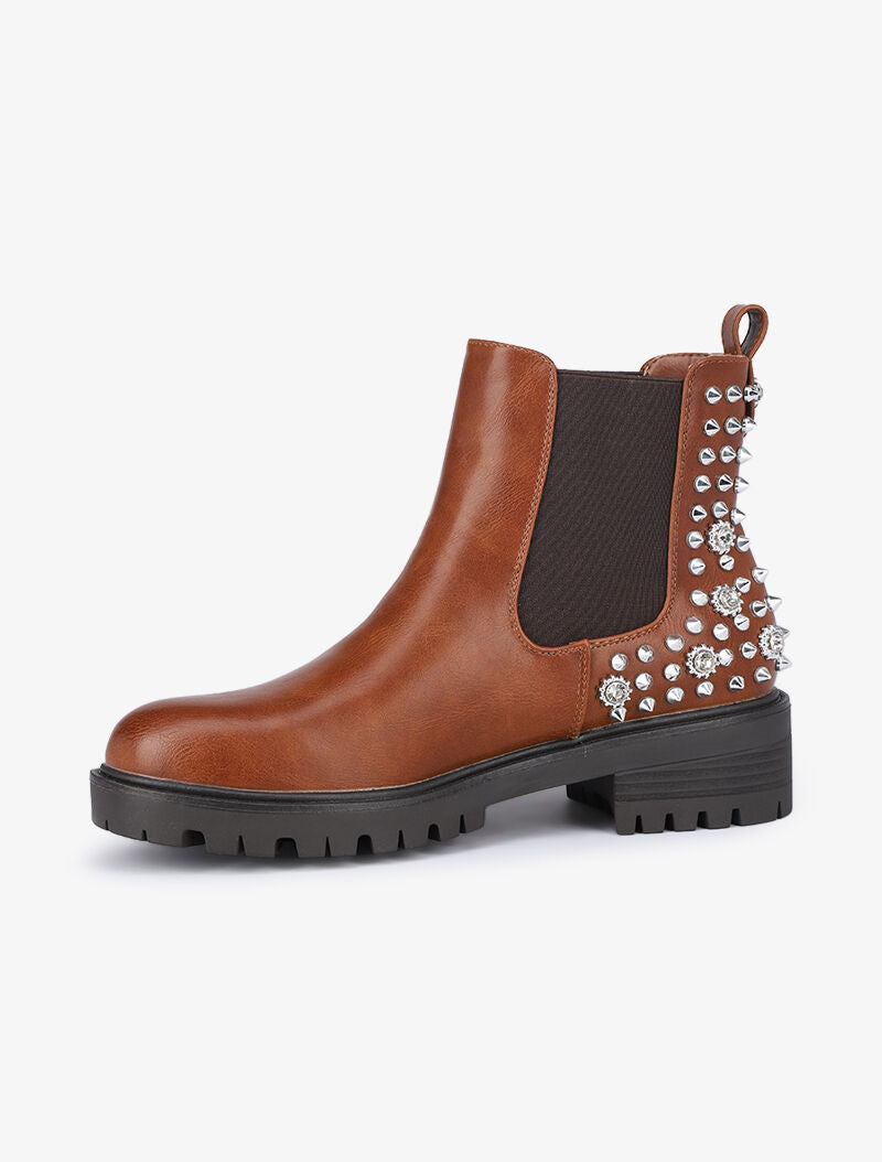Boots montantes à contrefort à clous et strass - Camel - 4