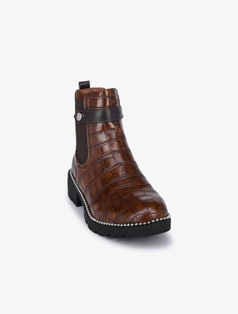 Bottines effet croco à détail billes - Camel - 3