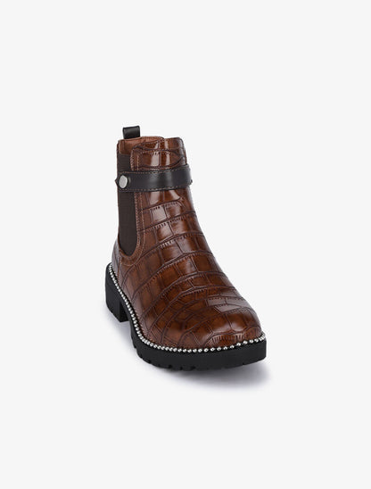 Bottines effet croco à détail billes - Camel - 3