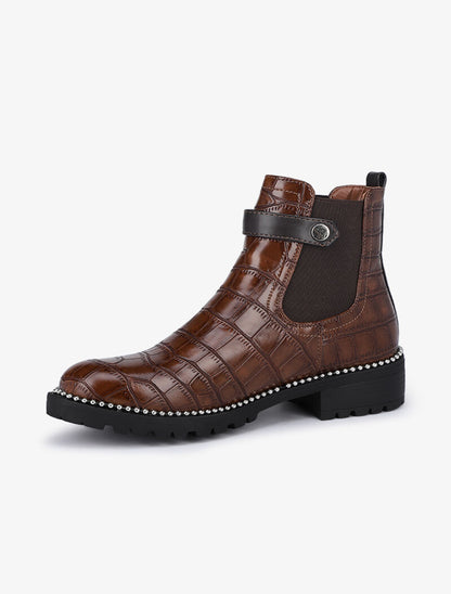Bottines effet croco à détail billes - Camel - 4