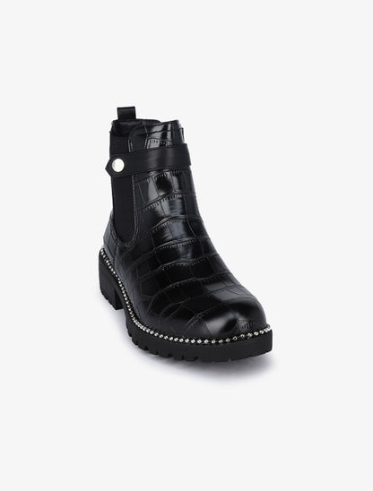 Bottines effet croco à détail billes - Noir - 3