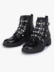 Bottines effet croco vernis à sangles perlées et strassées - Noir - 1