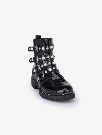 Bottines effet croco vernis à sangles perlées et strassées - Noir - 3