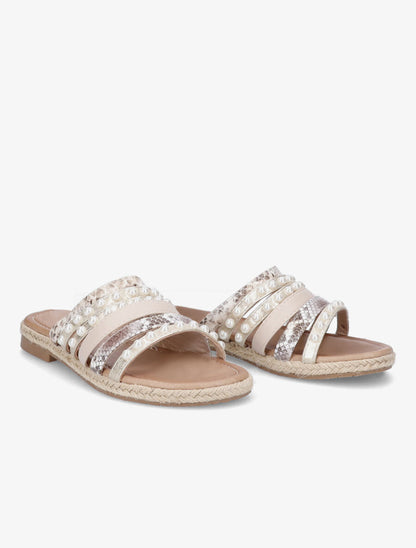 Mules à brides ornées de perles - Beige - 4