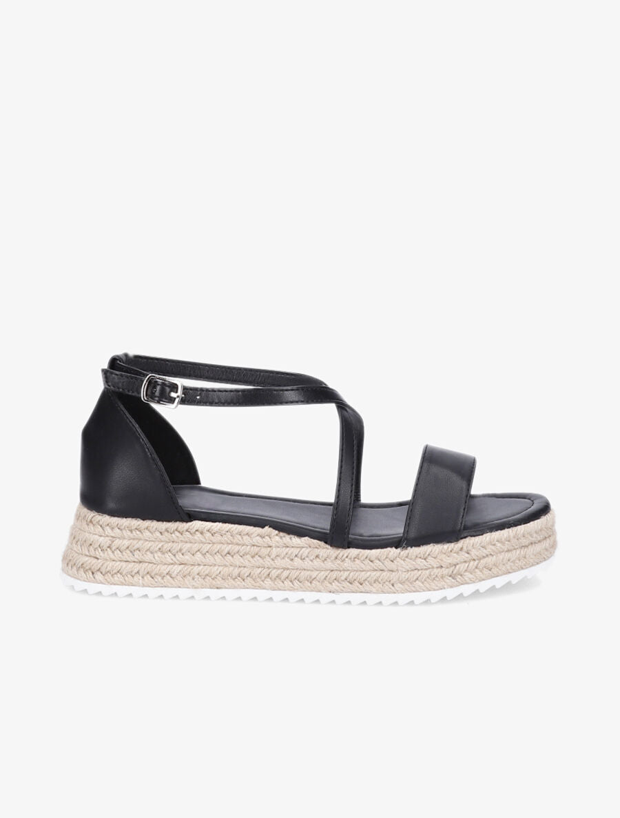 Nu-pieds en simili à plateforme en raphia - Noir - 1