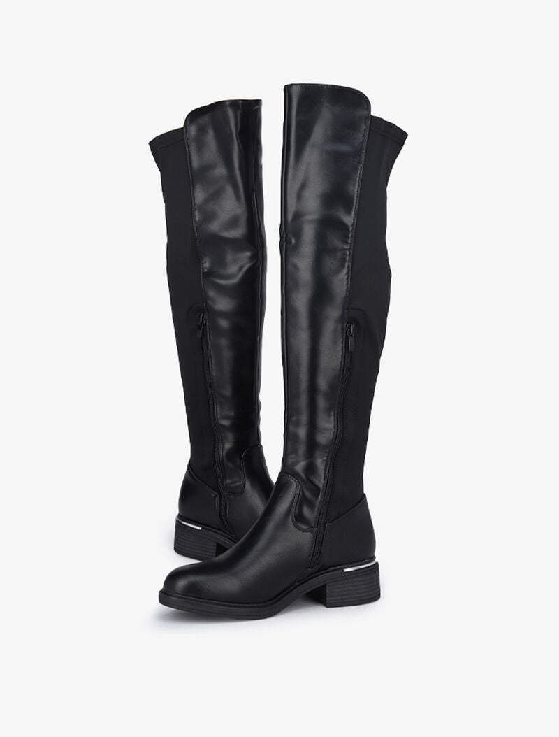 Cuissardes bi-matière à talons à détail argenté - Noir - 5