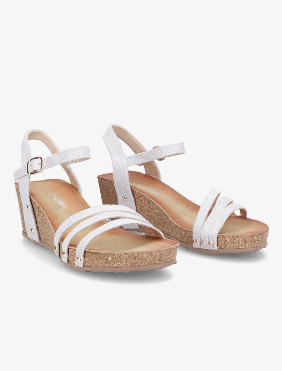 Sandales en suédine irisées à talon compensé effet liège - Gris clair - 4