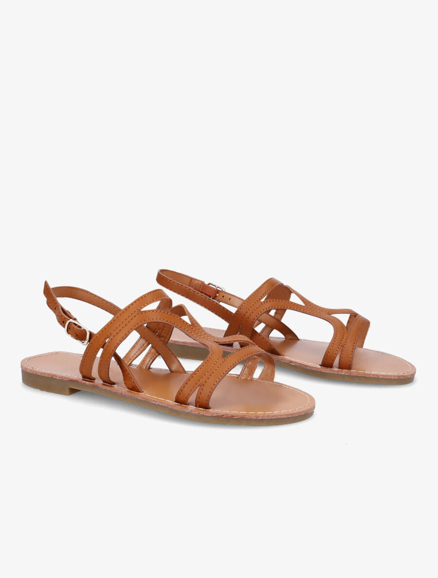 Sandales plates à brides stylisées en simili - Camel - 4