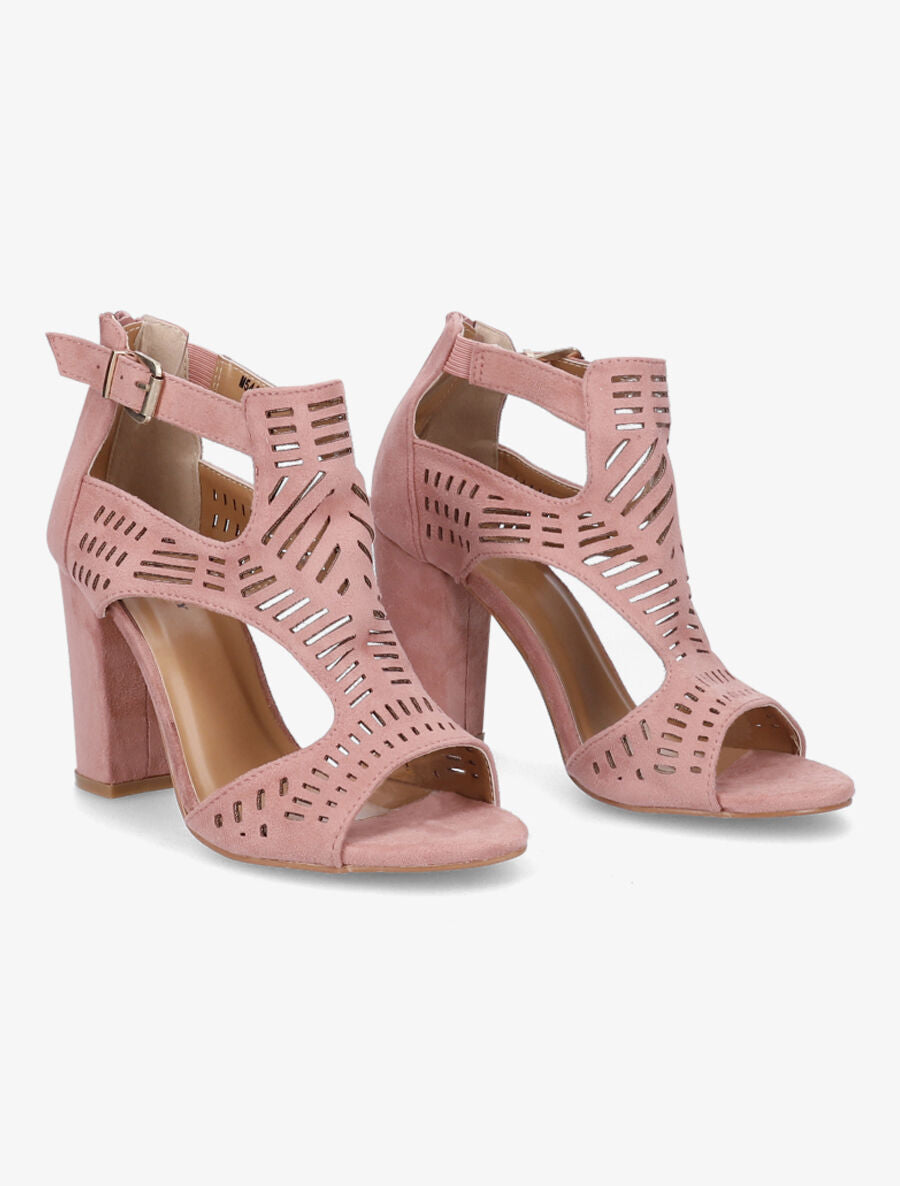Sandales à talon et ganses ajourées stylisées - Rose - 4