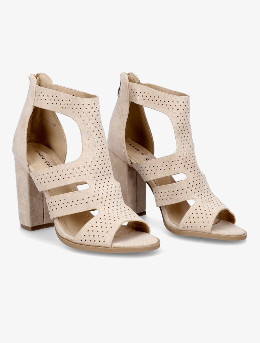 Sandales ajourées en suédine à talon - Beige - 4