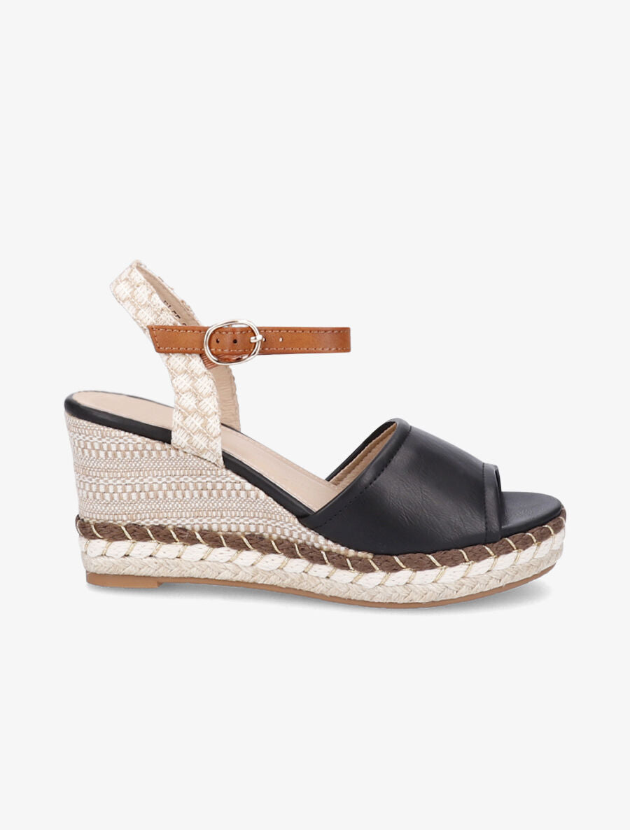 Sandales en simili à talon compensé stylisé - Noir - 1