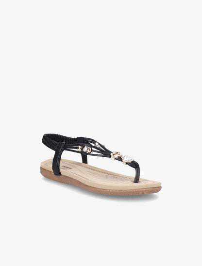 Nu-pieds à détail bijoux et contrefort élastiqué - Noir - 1