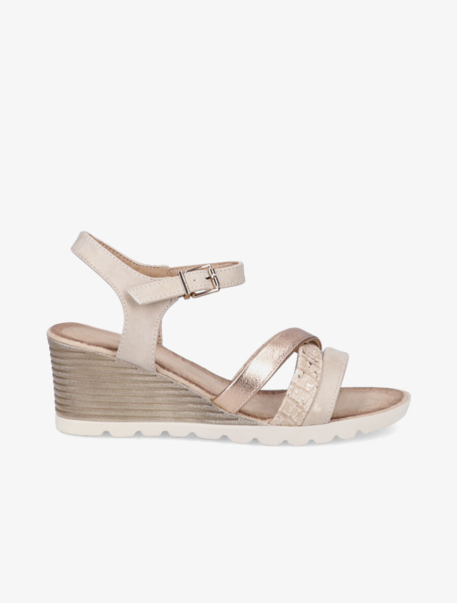 Sandales compensées à brides croisées et texturées - Beige - 5