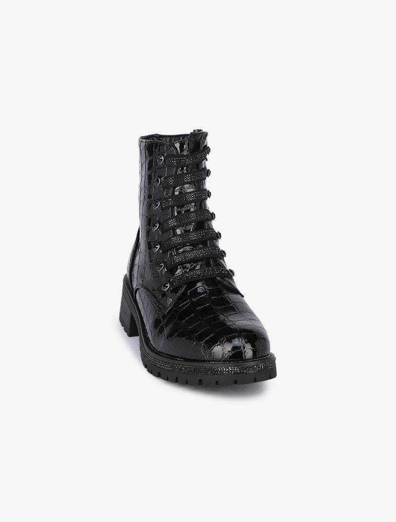 Bottines styles rangers effet croco à lacets trompe l&