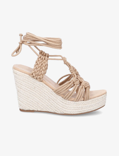 Sandales compensées en raphia et à lacets - Taupe - 1