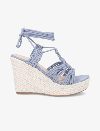 Sandales compensées en raphia et à lacets - Bleu - 1