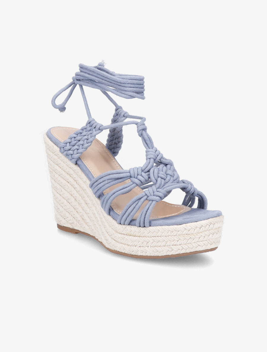 Sandales compensées en raphia et à lacets - Bleu - 2