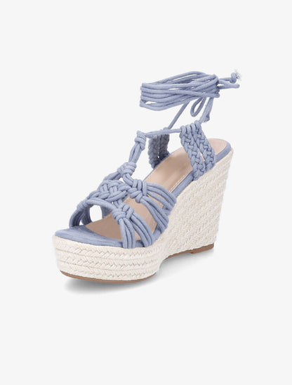 Sandales compensées en raphia et à lacets - Bleu - 3