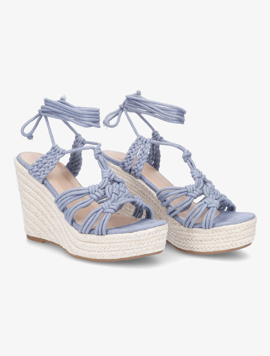 Sandales compensées en raphia et à lacets - Bleu - 4