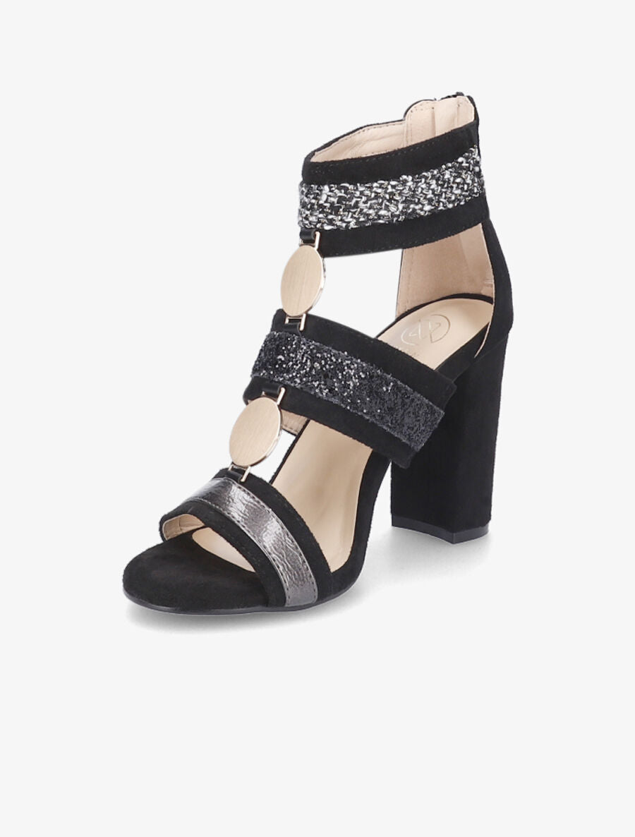 Sandales à bandes sequins et tweed - Noir - 3