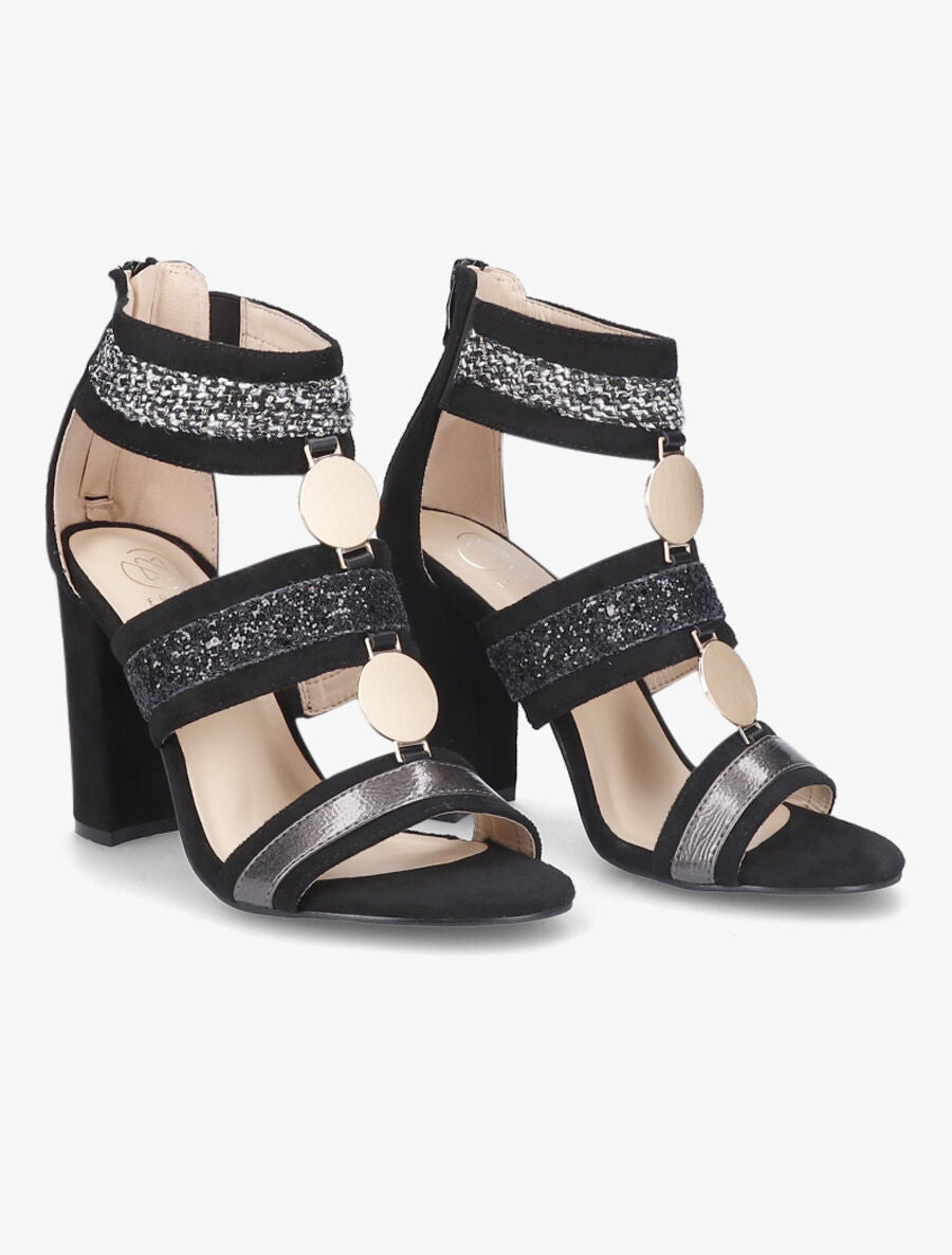 Sandales à bandes sequins et tweed - Noir - 4