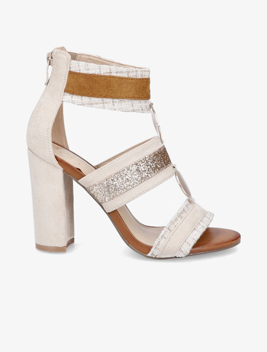 Sandales à bandes pailletée et tweed - Beige - 1