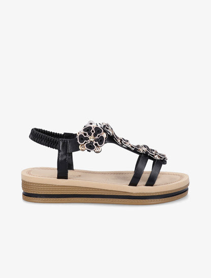 Nu-pieds à fleurs ornées de strass - Noir - 2
