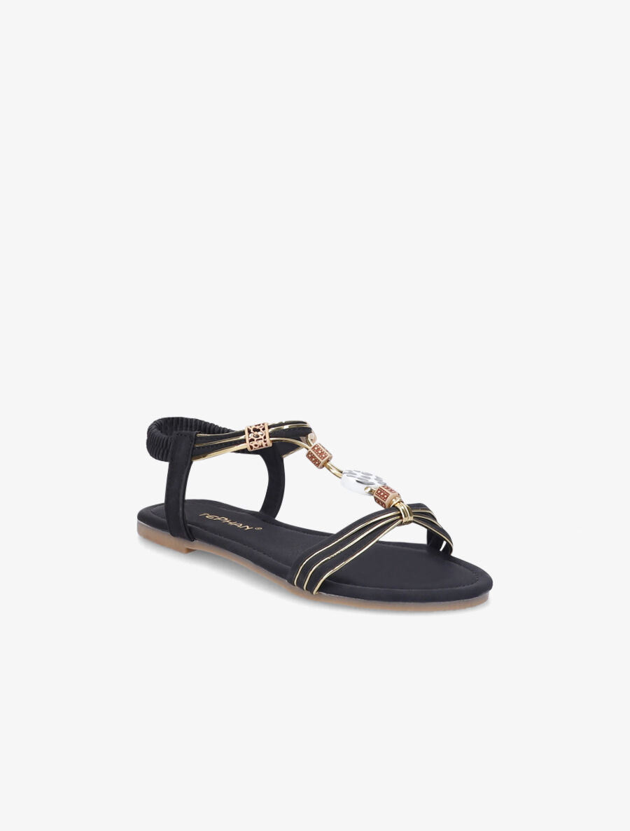 Nu-pieds à perles et liserés dorés - Noir - 2