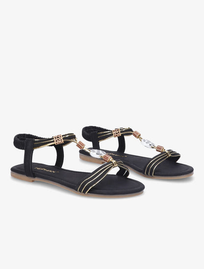 Nu-pieds à perles et liserés dorés - Noir - 5
