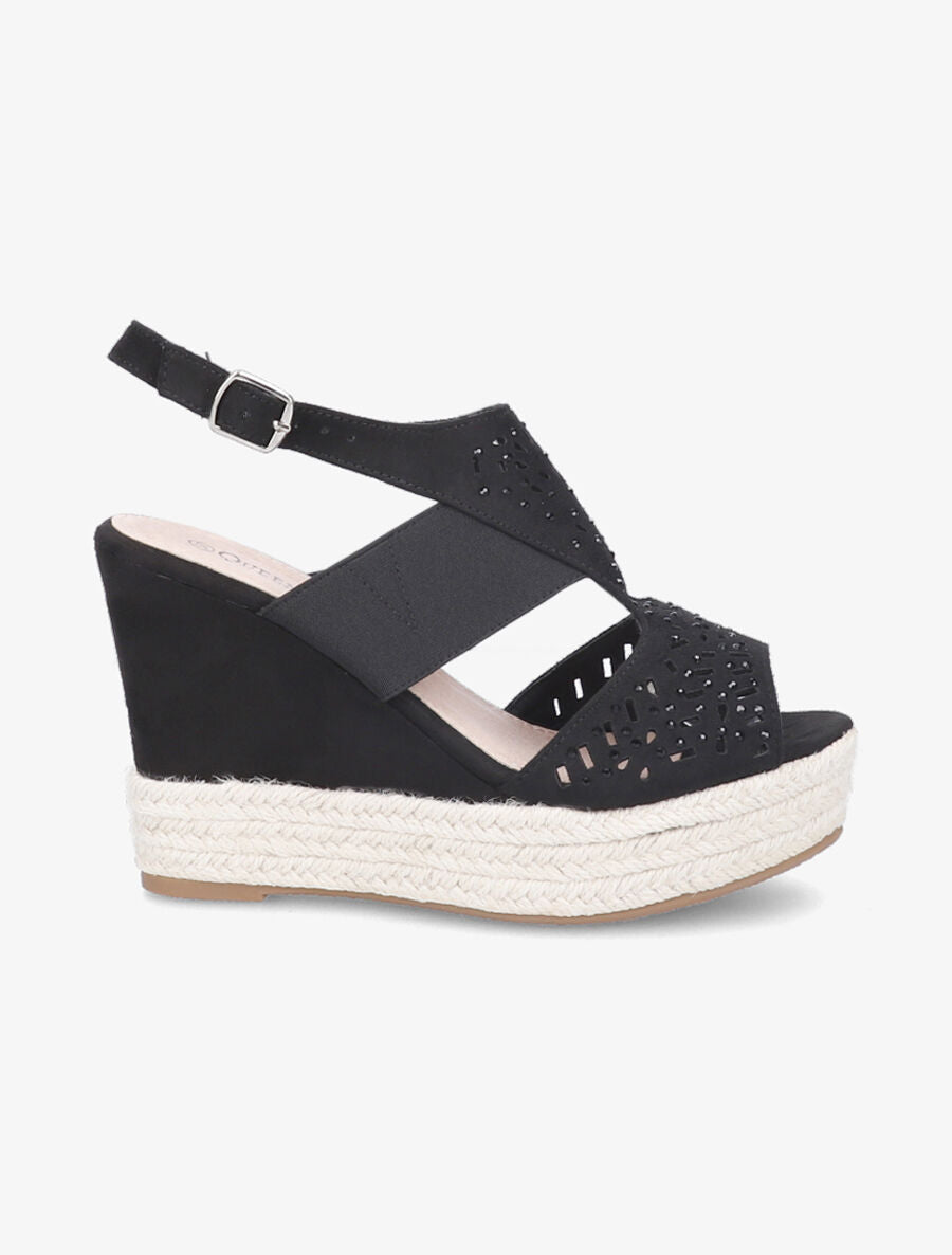 Sandales compensées raphia à strass - Noir - 1