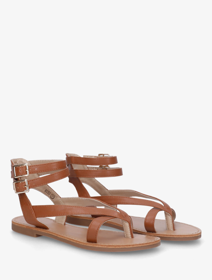 Nu-pieds uni en simili à double boucles - Camel - 4