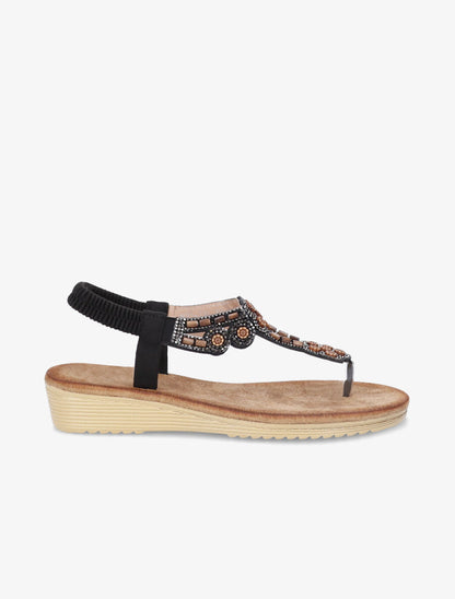 Sandales compensées ornées de perles et strass - Noir - 5