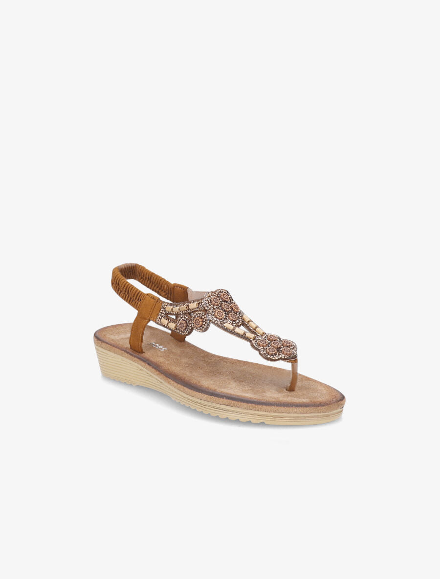 Sandales compensées ornées de perles et strass - Camel - 2