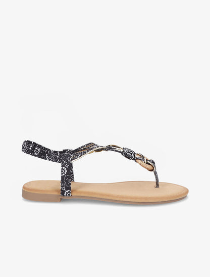 Nu-pieds imprimées à empiècements bois - Noir - 2