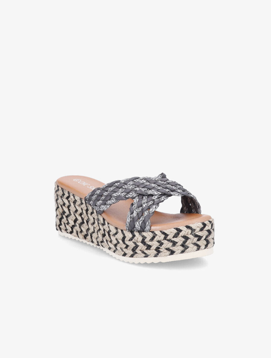 Mules compensées en raphia - Gris - 2